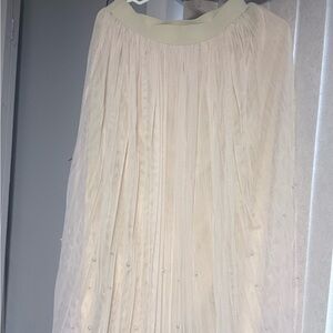Pleated Tulle Midi Skirt with Pearl Accents - Cream